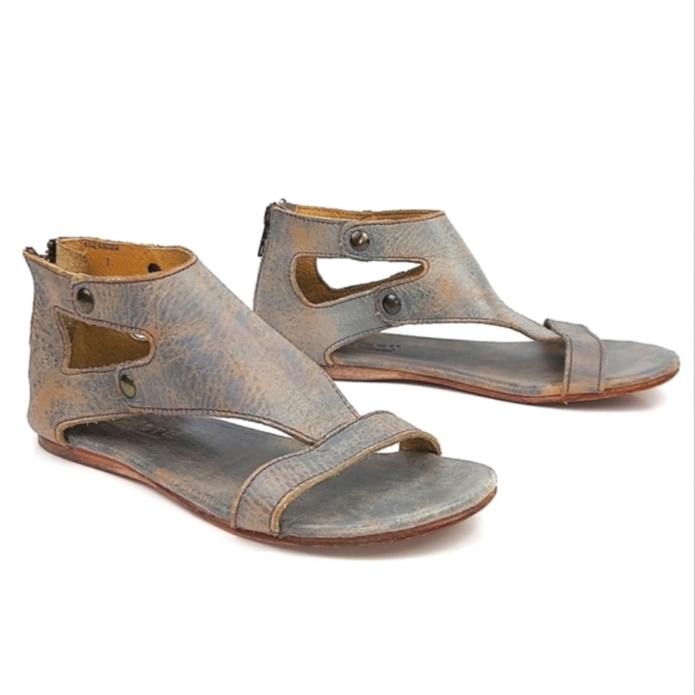 Bed Stu Soto Distressed Gray Leather Sandals Cutout Studs Size 9.5